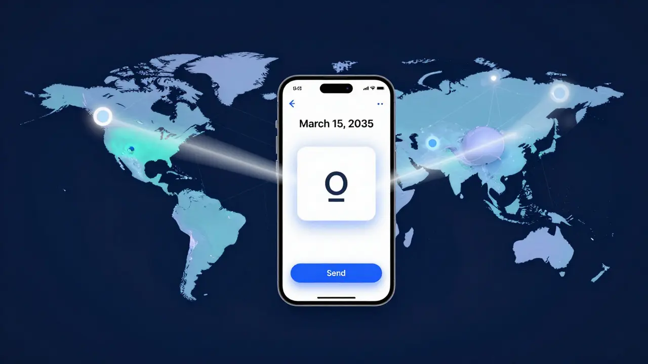 Smartphone enviando mensagem para rede global descentralizada no futuro
